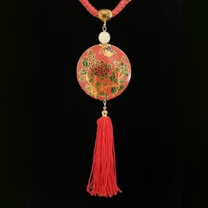 Large Vintage Red Cloisonné tassel necklace